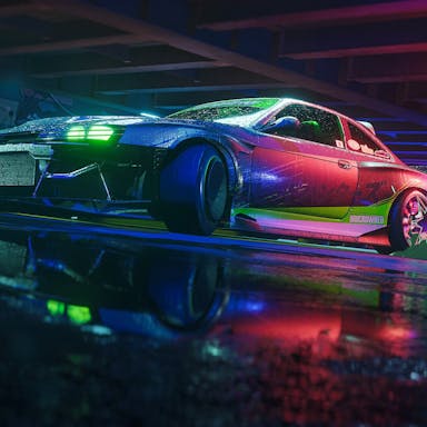 Video game image of a red and blue car with fluorescent green headlights driving through puddles of water. 