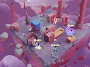 video game scene of a fantastical pink floating platform surrounded by pink trees.