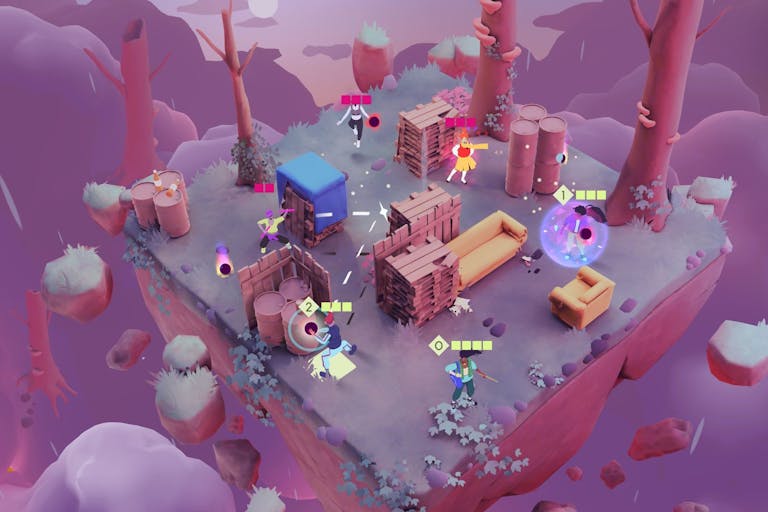 video game scene of a fantastical pink floating platform surrounded by pink trees.