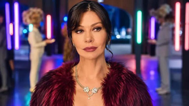 A woman wearing a fur jacket and silver jewellery looking off to the side with a mischevious look on her face
