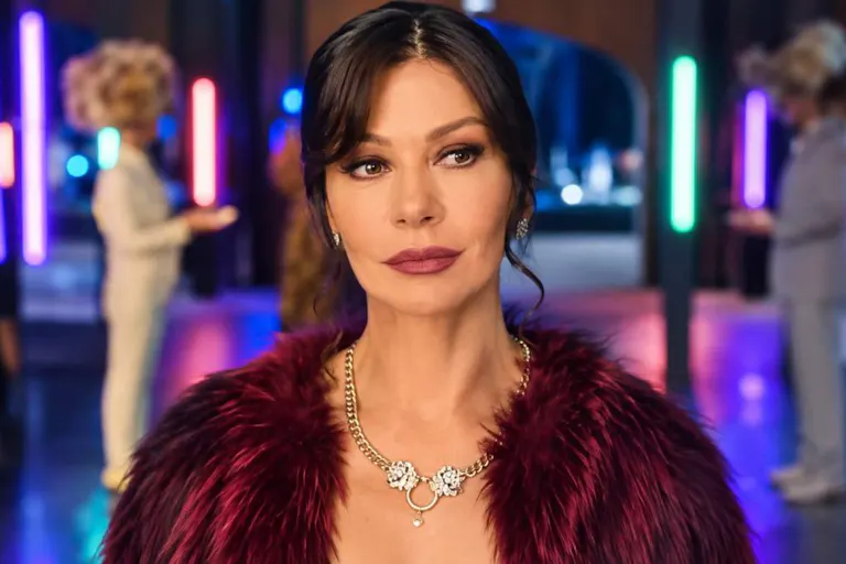 A woman wearing a fur jacket and silver jewellery looking off to the side with a mischevious look on her face