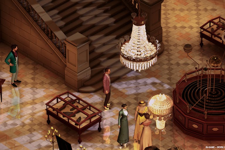 Gameplay of characters in period clothing in a grand hall with wide marble stairs and a crystal chandelier 