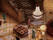 Gameplay of characters in period clothing in a grand hall with wide marble stairs and a crystal chandelier