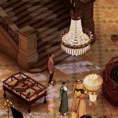 Gameplay of characters in period clothing in a grand hall with wide marble stairs and a crystal chandelier 