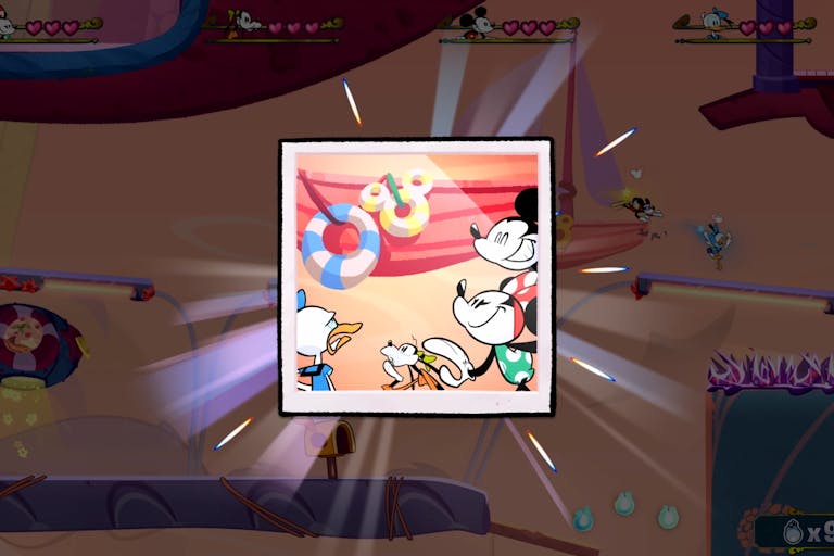 Game play of a polaroid snapshot of characters Donald Duck, Goofy, Minnie Mouse and Mickey Mouse