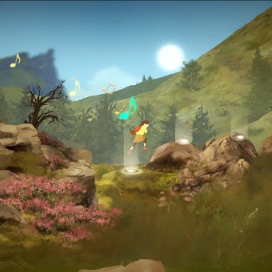 Serene animated gameplay of a young white woman hopping across rocks in a lush, green Scottish landscape with music notes floating up from her