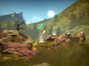 Serene animated gameplay of a young white woman hopping across rocks in a lush, green Scottish landscape with music notes floating up from her