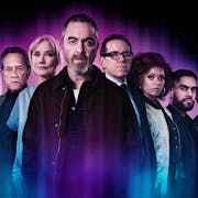 A group of serious looking people staring at the camera with a purple glow around them