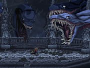 Old school gameplay in a dark fantasy setting of a sword welding character fighting four snake-like monster heads in a gothic courtyard