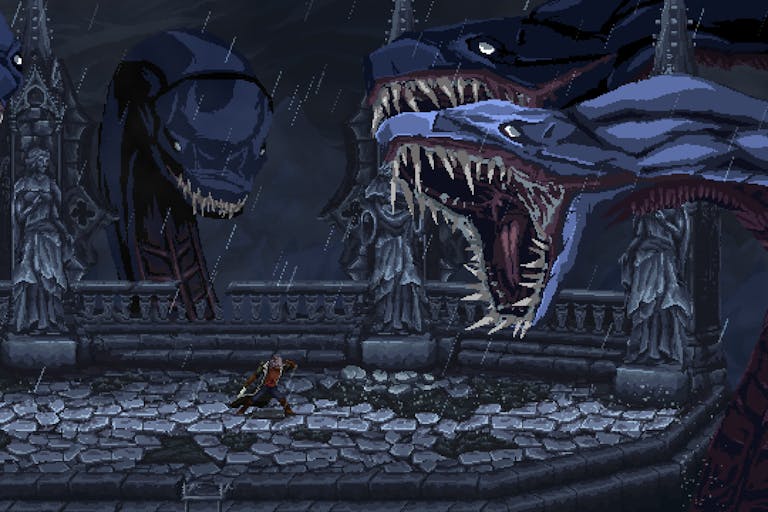 Old school gameplay in a dark fantasy setting of a sword welding character fighting four snake-like monster heads in a gothic courtyard