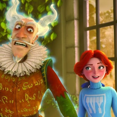 Cartoon animation of an old white male slightly glowing ghost in Elizabethan ruff and clothing, floating next to a young white red headed woman 