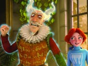 Cartoon animation of an old white male slightly glowing ghost in Elizabethan ruff and clothing, floating next to a young white red headed woman