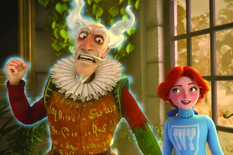 Cartoon animation of an old white male slightly glowing ghost in Elizabethan ruff and clothing, floating next to a young white red headed woman 