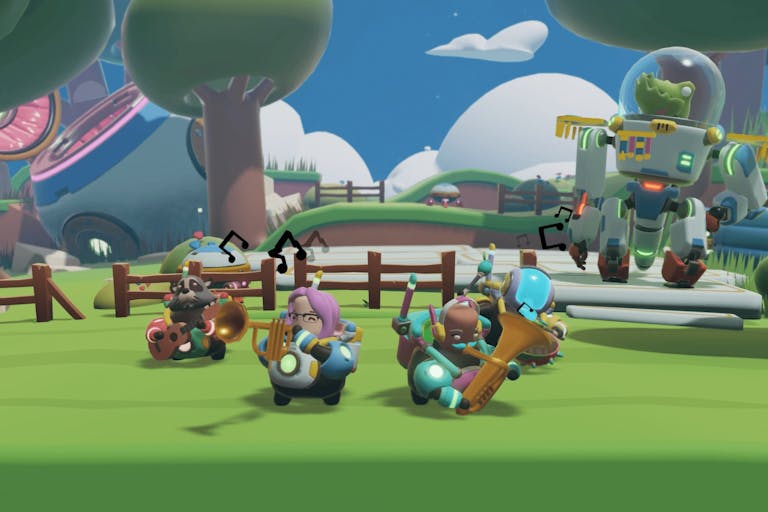 Gameplay of colourful playful animation of characters playing instruments in a green playing field with a crocodile in a robot astronaut suit in the background
