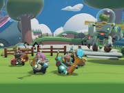 Gameplay of colourful playful animation of characters playing instruments in a green playing field with a crocodile in a robot astronaut suit in the background
