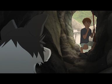 A young white boy at a cave mouth with a bright scene behind him, motions his dog to be quiet 