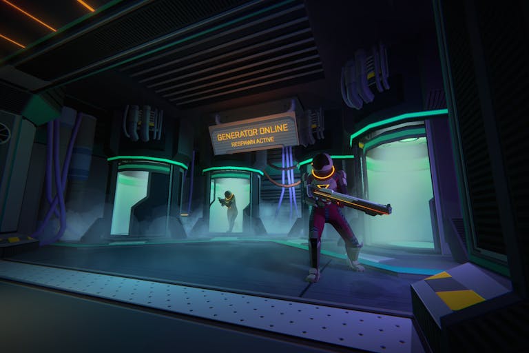 Gameplay of suited characters carrying weapons walking out of smoky, spaceship chambers