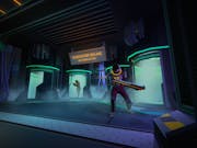 Gameplay of suited characters carrying weapons walking out of smoky, spaceship chambers
