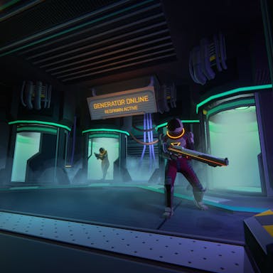 Gameplay of suited characters carrying weapons walking out of smoky, spaceship chambers