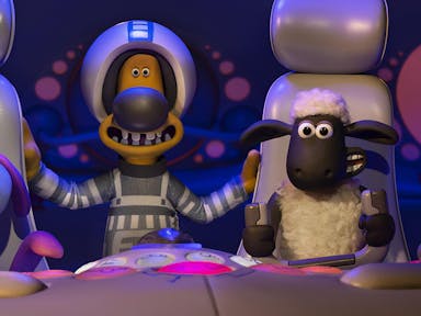 Claymation of characters, a bunny-type, dog and sheep, sitting in a spaceship 