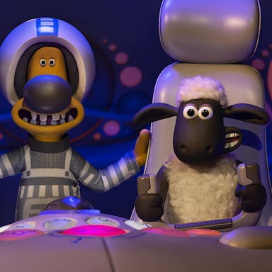 Claymation of characters, a bunny-type, dog and sheep, sitting in a spaceship 