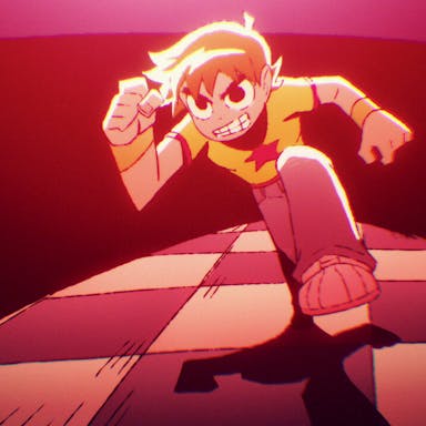 Anime style animation of a white male character mid-action shot running with a look of determination