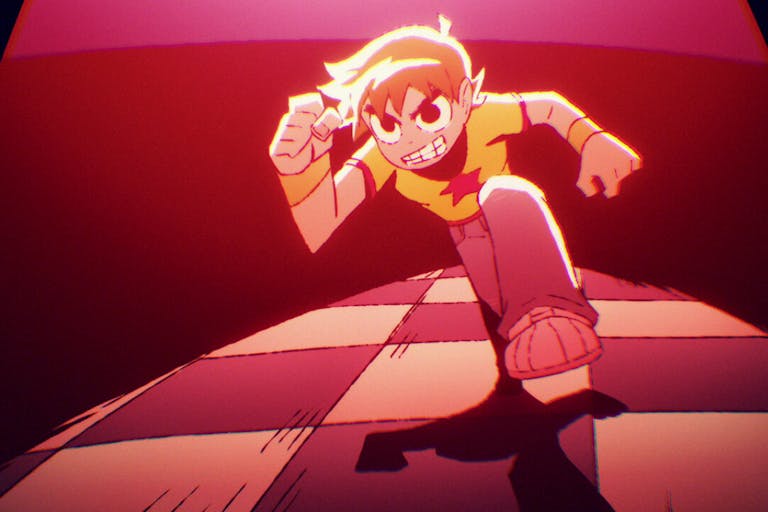 Anime style animation of a white male character mid-action shot running with a look of determination