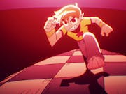 Anime style animation of a white male character mid-action shot running with a look of determination
