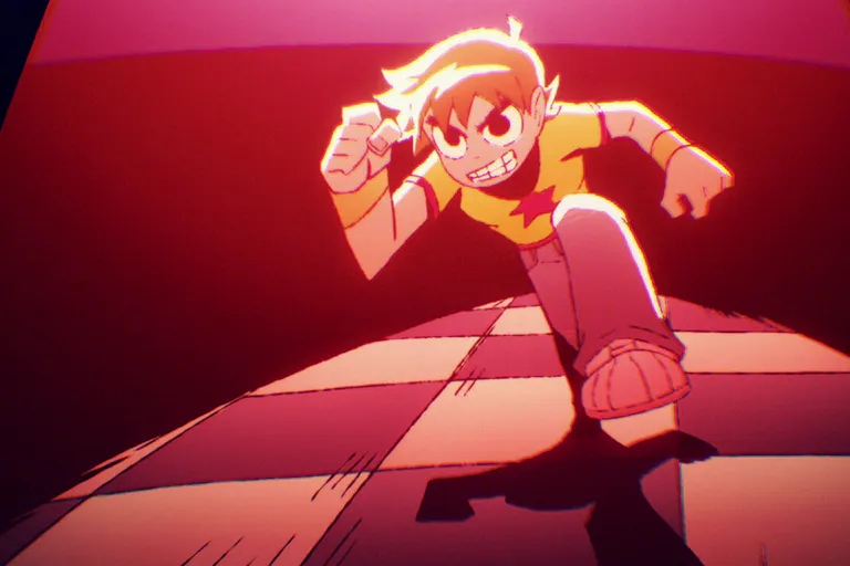 Anime style animation of a white male character mid-action shot running with a look of determination