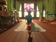 animated view of a red toy soldier in a living room.