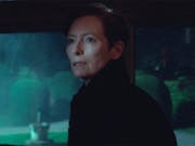 Grainy image of a middle-aged striking woman looking slightly disturbed, standing by a window looking out onto a manicured green garden.