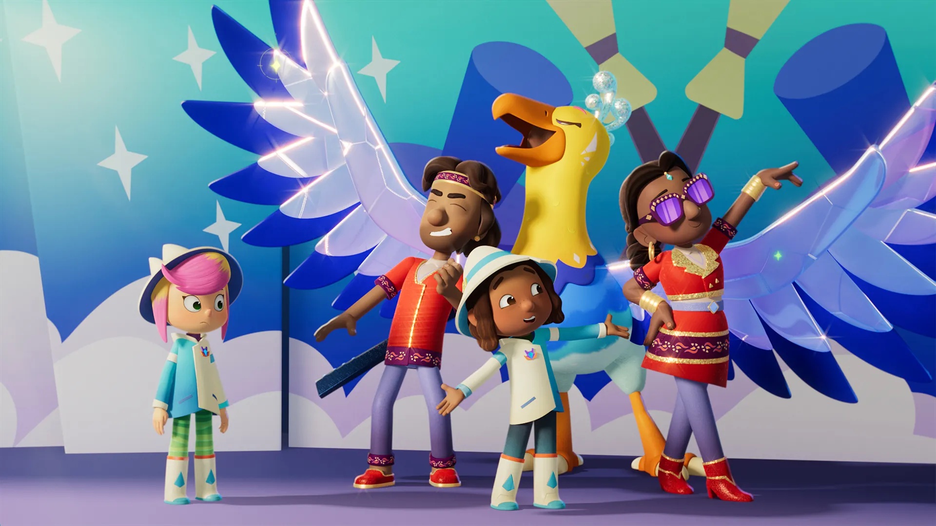 A sparkly colourful animation depicting a child and two adults posing with a large singing bird. Next to them a young girl stands facing them with a puzzled look