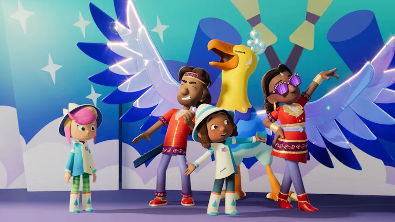 A sparkly colourful animation depicting a child and two adults posing with a large singing bird. Next to them a young girl stands facing them with a puzzled look
