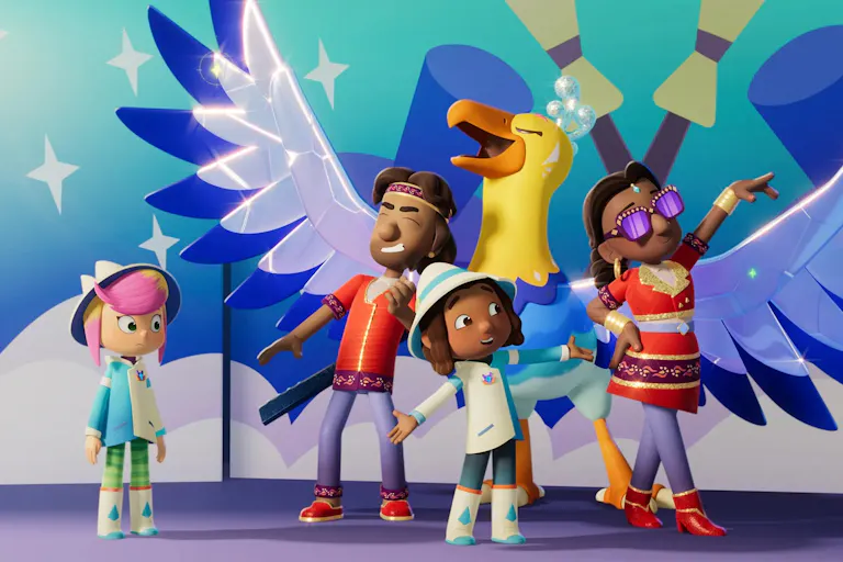 A sparkly colourful animation depicting a child and two adults posing with a large singing bird. Next to them a young girl stands facing them with a puzzled look