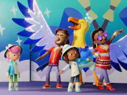A sparkly colourful animation depicting a child and two adults posing with a large singing bird. Next to them a young girl stands facing them with a puzzled look