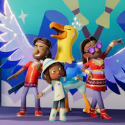 A sparkly colourful animation depicting a child and two adults posing with a large singing bird. Next to them a young girl stands facing them with a puzzled look