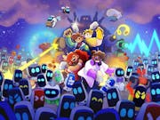 Playful cartoon, colourful gameplay of four characters wielding sledge hammers surrounded by small robots with digital faces and big blue electric eyes
