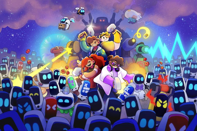 Playful cartoon, colourful gameplay of four characters wielding sledge hammers surrounded by small robots with digital faces and big blue electric eyes 