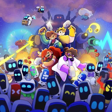 Playful cartoon, colourful gameplay of four characters wielding sledge hammers surrounded by small robots with digital faces and big blue electric eyes 