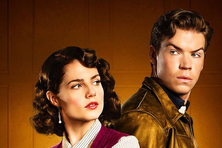 1930s style photo of a young woman with dark hair and a young man in a brown leather jacket.