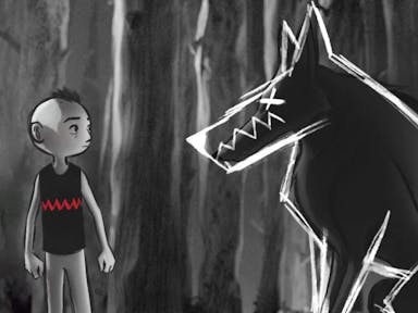 Black and white sketch style animation of a young boy with a mohawk facing a minimalist, scratchy animation of a large imposing wolf 