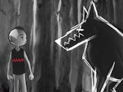 Black and white sketch style animation of a young boy with a mohawk facing a minimalist, scratchy animation of a large imposing wolf