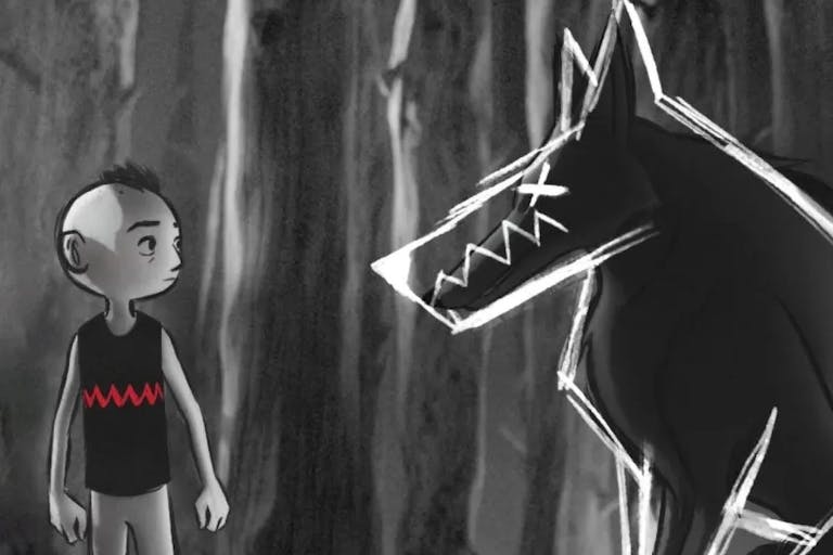 Black and white sketch style animation of a young boy with a mohawk facing a minimalist, scratchy animation of a large imposing wolf