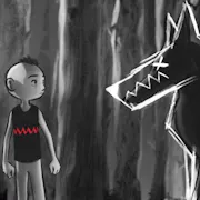 Black and white sketch style animation of a young boy with a mohawk facing a minimalist, scratchy animation of a large imposing wolf