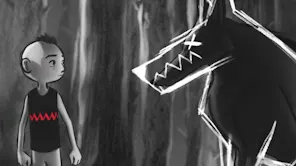 Black and white sketch style animation of a young boy with a mohawk facing a minimalist, scratchy animation of a large imposing wolf