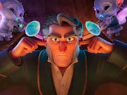 Animation of old man looking grumpy with his fingers in his ears whilst two little fairy creatures play the trumpet on either side of his head.