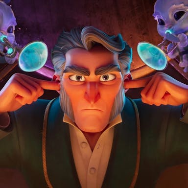 Animation of old man looking grumpy with his fingers in his ears whilst two little fairy creatures play the trumpet on either side of his head. 