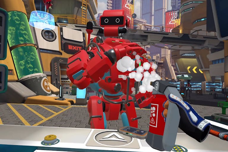 Gameplay of a red robot getting sprayed with bubbles