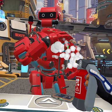 Gameplay of a red robot getting sprayed with bubbles
