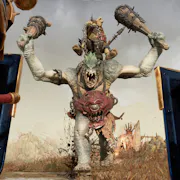 Gameplay of a large troll brandishing two clubs whilst charging at two knights in golden armour